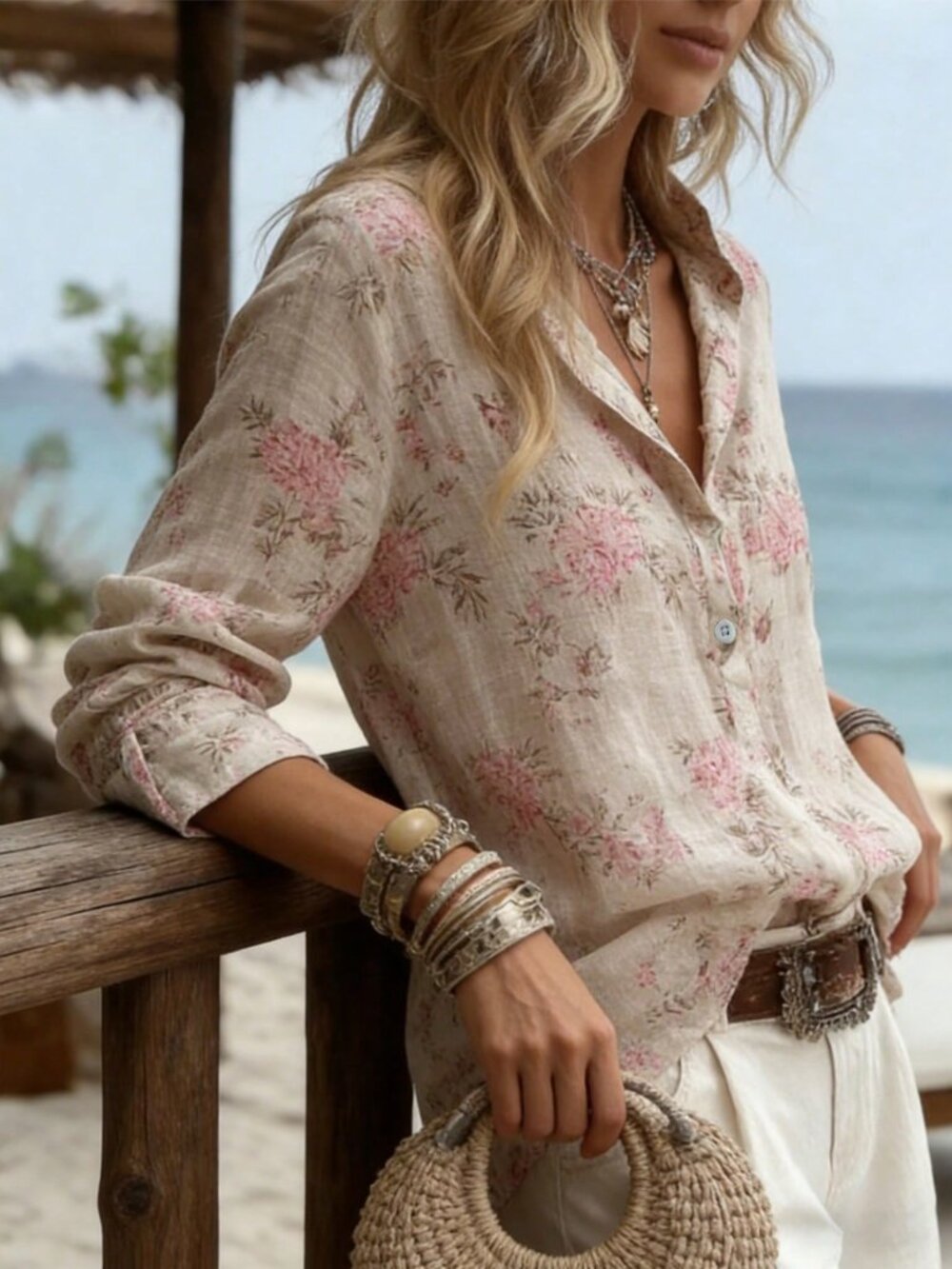 Apricot Casual Women's Plants Loose Long Sleeve Shirt